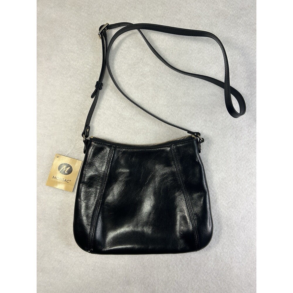Monsac Original NEW Black Leather Purse Handbag with Strap New With Tags Onyx